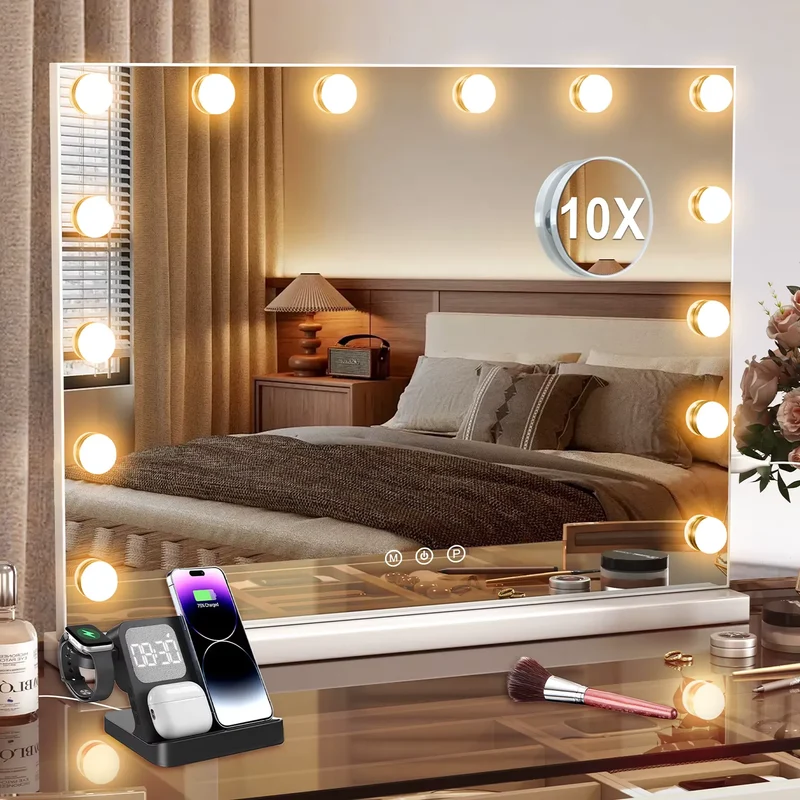 Miroir Lumineux Grossissant Hollywood 14 LED avec Loupe x10 Amovible
