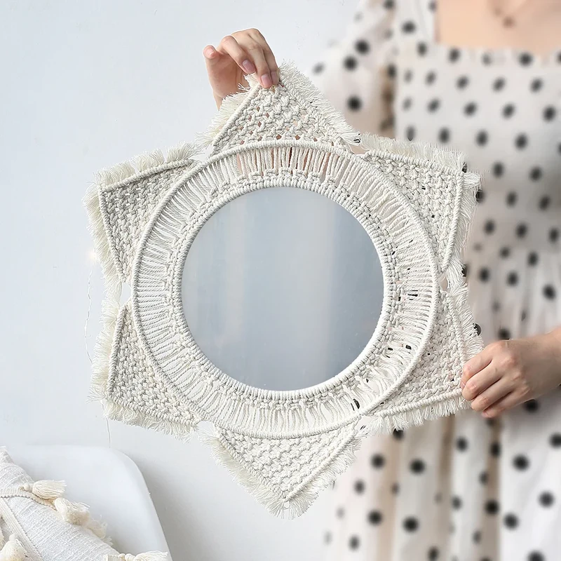Miroir Bohème Macramé Étoile - Coton Tressé & Franges 52 cm