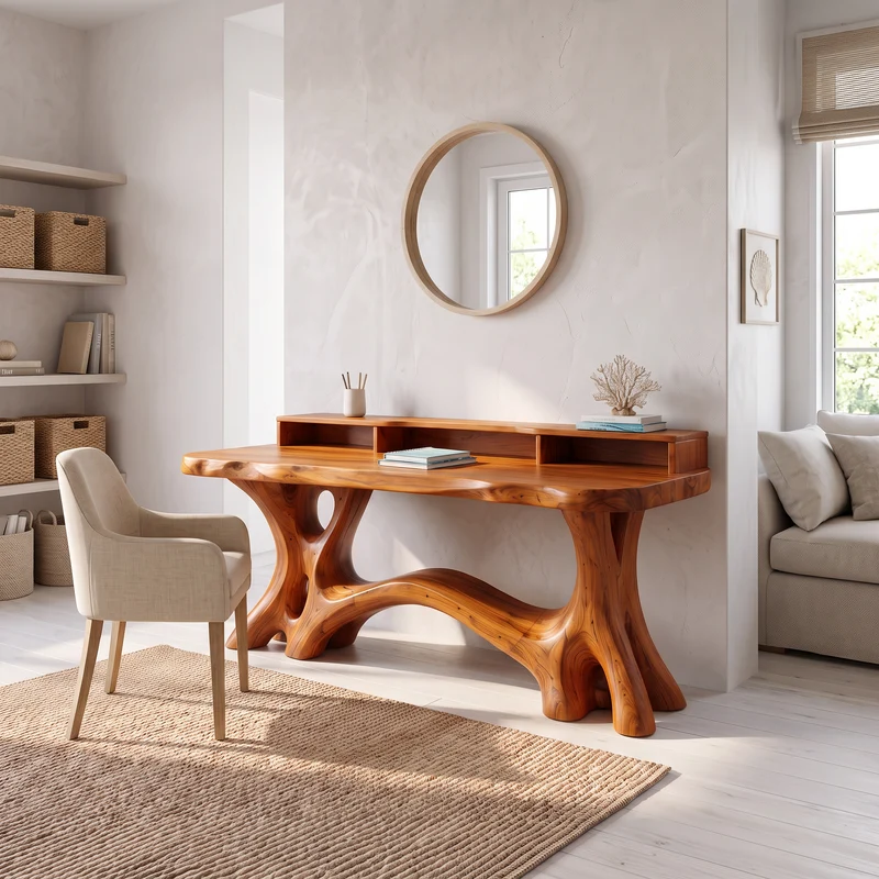 Natural Bookcase Desk With Tree Inspired Upper Storage For Study Room SINLSADE225