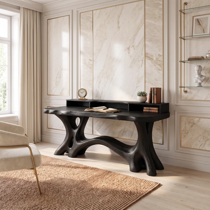 Natural Bookcase Desk With Tree Inspired Upper Storage For Study Room SINLSADE225
