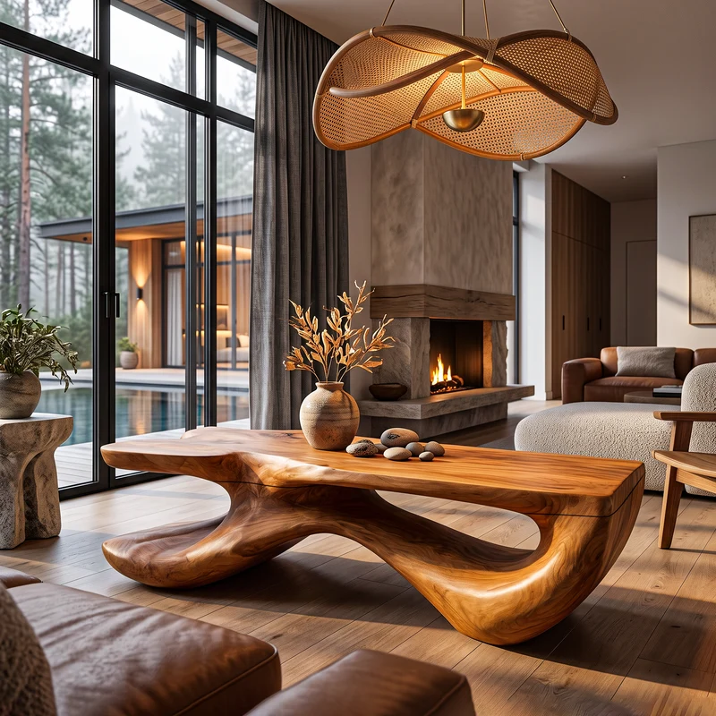 Wooden Coffee Table With Freeform Top Design For Living Room SINLHACF436