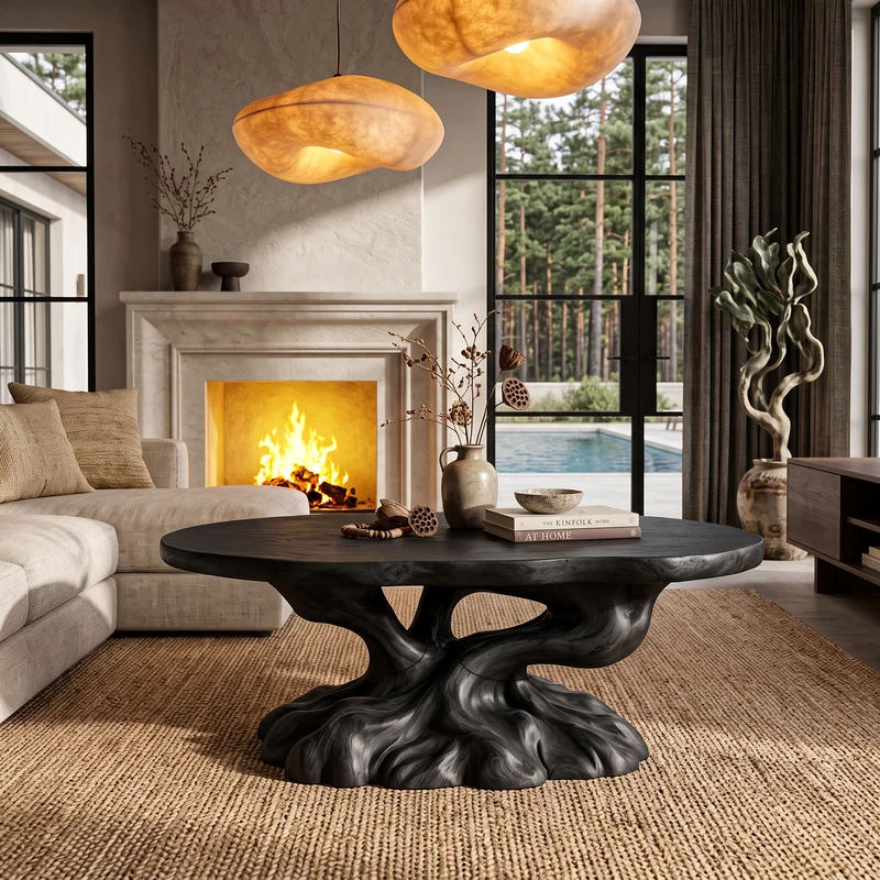 Rustic Coffee Table With Tree Root Inspired Base For Living Room SINLHACF437