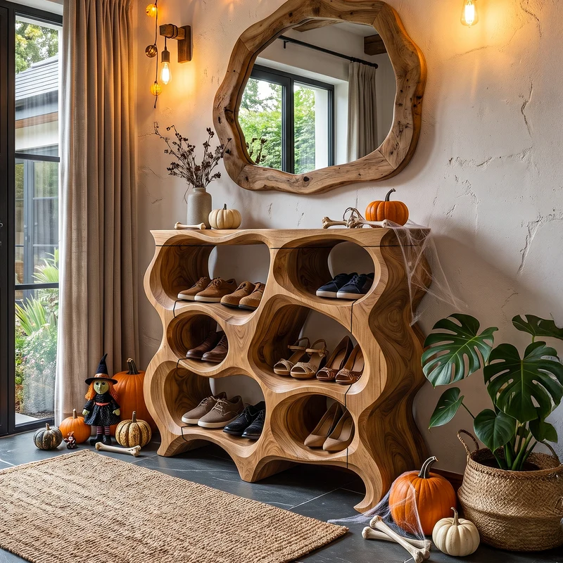 Rustic Halloween Multi Tier Shoe Rack With Carved Hollow Design For Entryway SINLHASHB107