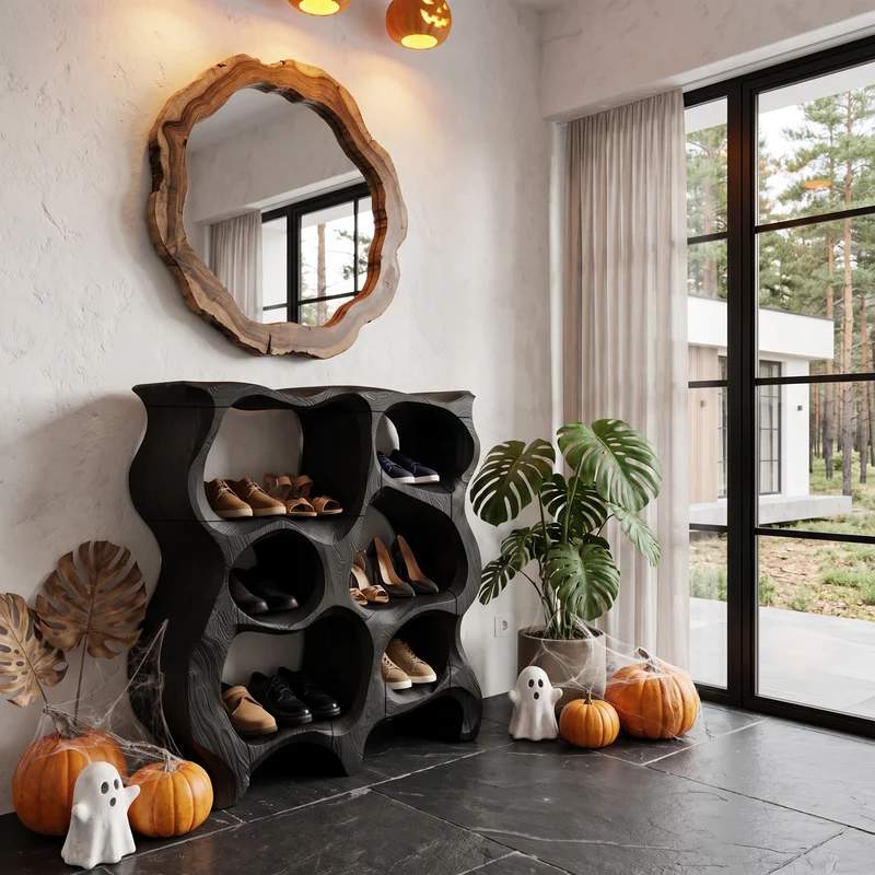 Rustic Halloween Multi Tier Shoe Rack With Carved Hollow Design For Entryway SINLHASHB107