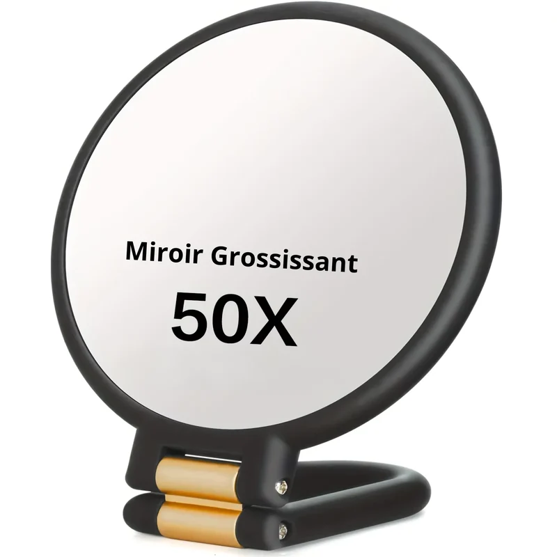 Miroir Grossissant x50 Double Face à Main Pliable – Noir et Doré