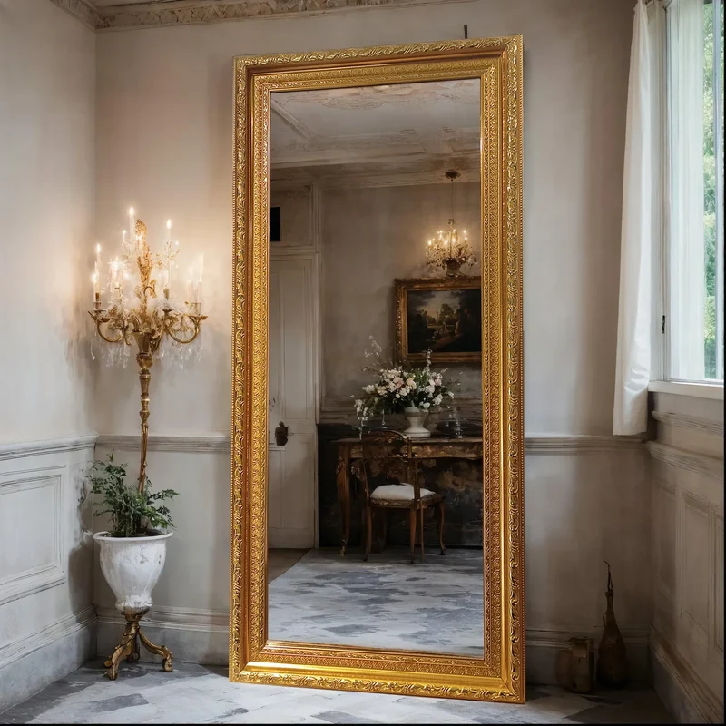 Baroque Gold Full-Length Wall Mirror – Hand-Decorated Floral Frame | Eternal Elegance