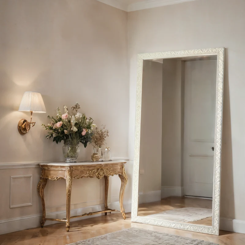 White Baroque Full-Length Wall Mirror – Hand-Carved Pearlescent Ivory Frame | Ivory Opulence