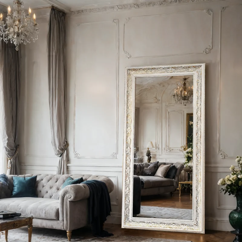 White & Gold Baroque Full-Length Wall Mirror – Hand-Carved Frame | Celestial Grace