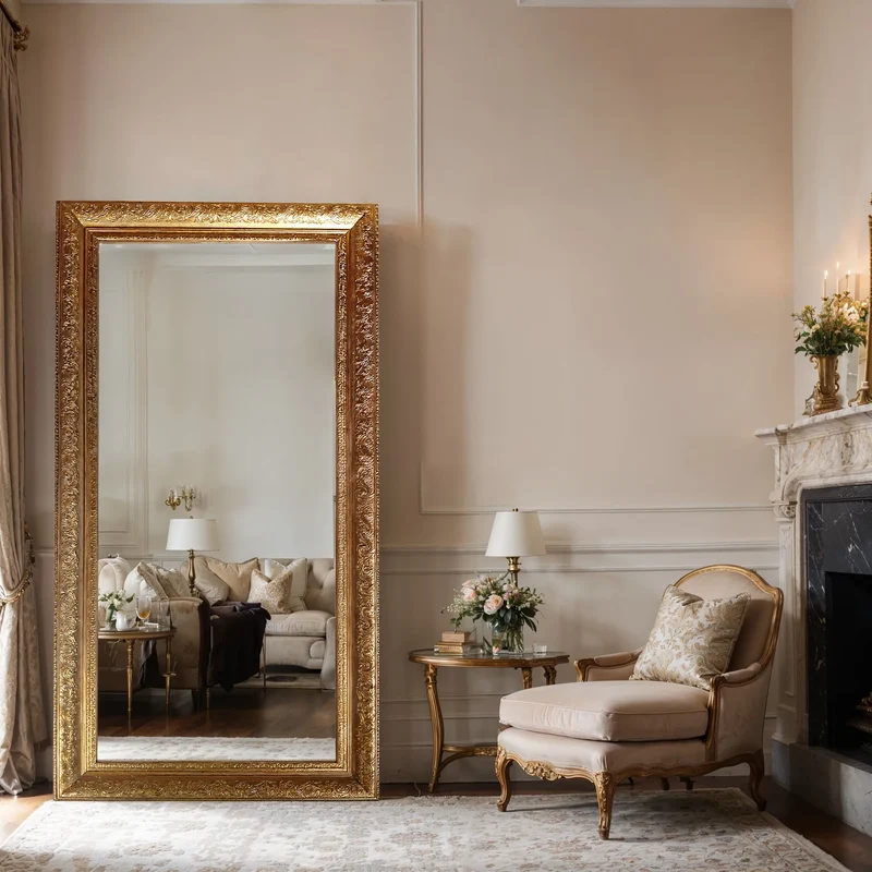 Gold Baroque Full-Length Wall Mirror – Hand-Carved Sustainable Wood, 8.5 cm Profile | Golden Majesty