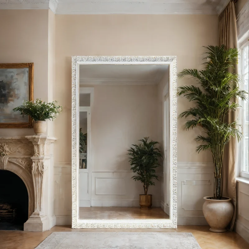White Baroque Full-Length Wall Mirror – Carved White Frame, Slim Profile | White Elegance