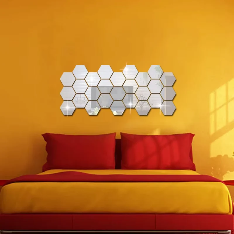 Miroir en Mosaïque Hexagonal Mural – Set 12 Pièces Argent