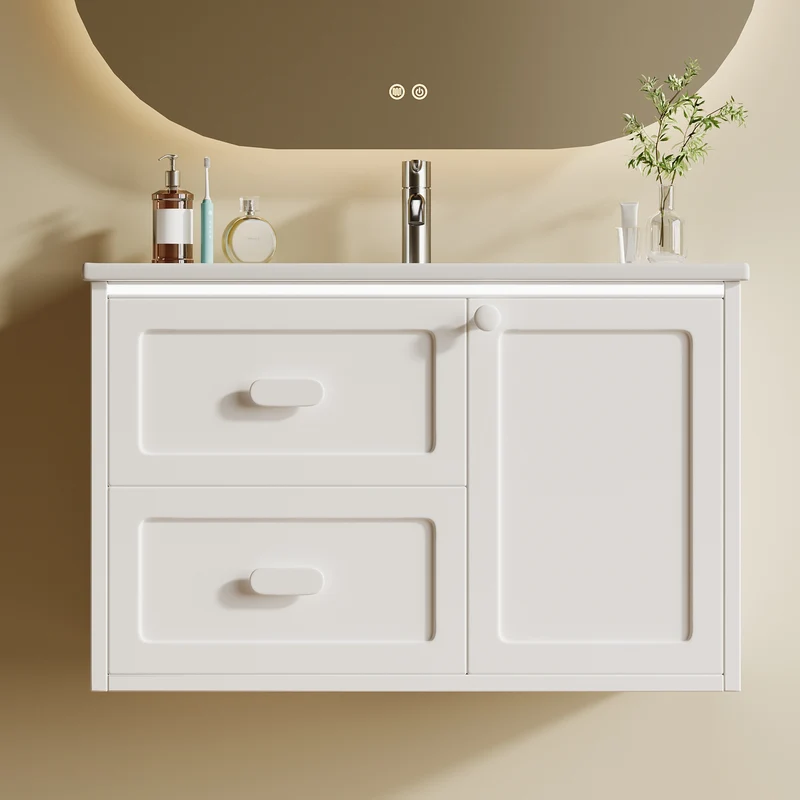 SONNI Waschtisch mit Waschbecken, wandhängender Badschrank mit LED Radarsensor Beleuchtung 2 Schubladen leisen Gleitschienen 76 x 46 x 51 cm Weiß