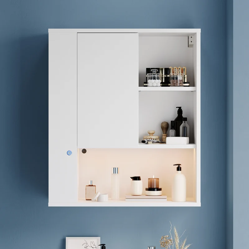 SONNI Wand-Badezimmerschrank mit LED-Sensor, Badschrank zur Wandmontage mit Tür und offenen Fächern 60 x 23 x 70 cm Weiß