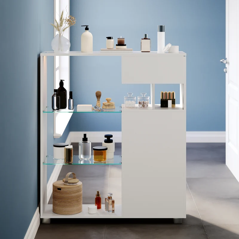 SONNI Badezimmerschrank mit LED-Sensor, Badschrank mit 3 Schubladen und linksseitigem Klappfach, Aufbewahrungsschrank 100 x 26 x 116 cm Weiß