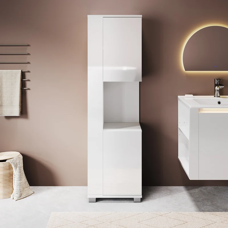 SONNI Badezimmerschrank mit Touch-LED-Beleuchtung, weißer Unterschrank mit 2 rechts öffnenden Türen und verstellbaren Einlegeböden, Geschlossen & Offenes Fach