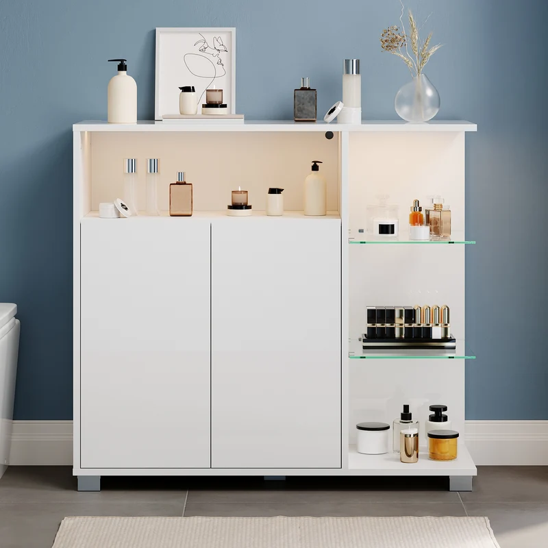 SONNI Waschtisch mit Touch-LED, weißer Unterschrank mit offener rechter Seite, Doppeltüren und ausziehbarem Einlegeboden, 90 x 30 x 82 cm Weiß