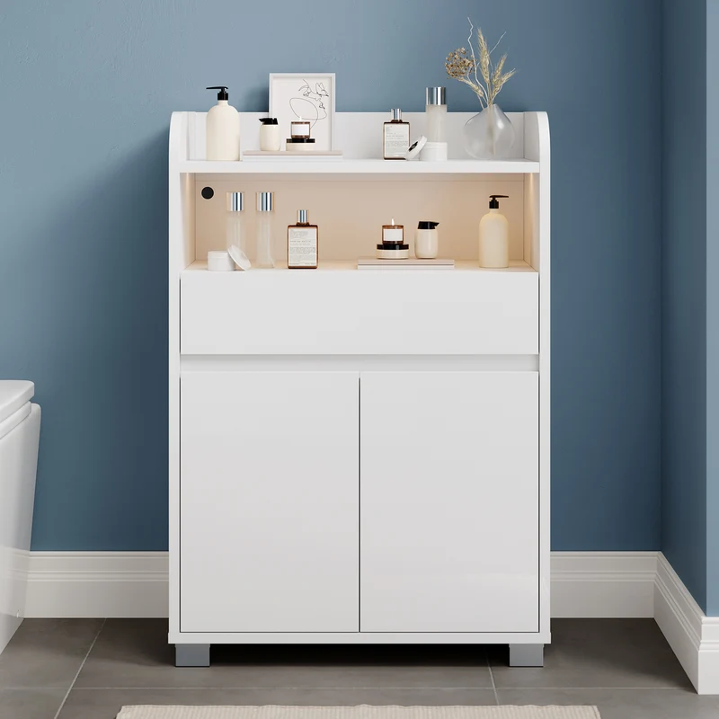 SONNI Badezimmer-Beistelltisch mit Touch-LED, 1 Schublade 2 Türen ausziehbarer Einlegeboden Aufbewahrungsmöbel 56 x 30 x 82 cm Weiß