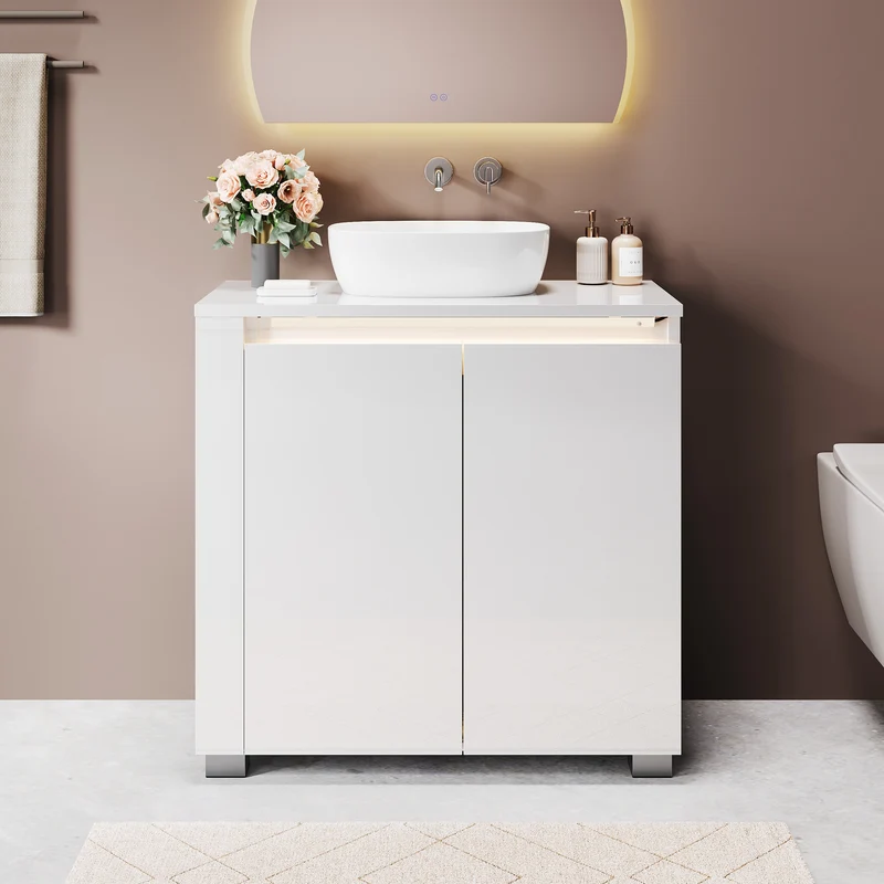 SONNI Freistehender Waschtisch mit LED-Sensorbeleuchtung, Aufsatzwaschbecken mit Doppeltüren und verstellbaren Ablagen, Badschrank 60 x 60 x 30 cm Weiß