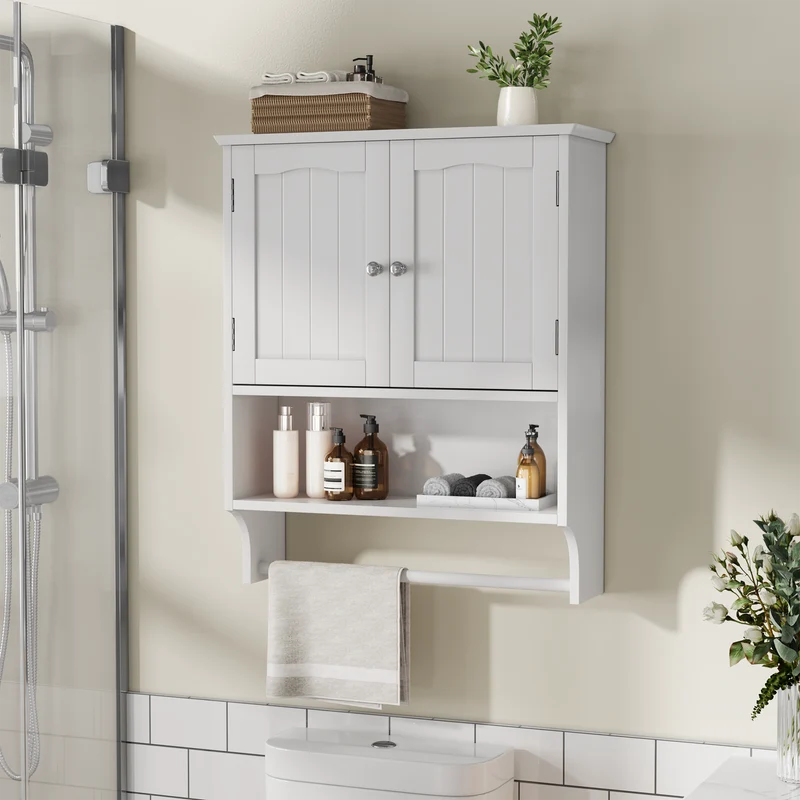 SONNI Wand Badezimmerschrank mit Handtuchhalter 2 verstellbare Regale offenes und geschlossenes Fach platzsparender MDF Hängeschrank Weiß 56,8×19×70 cm