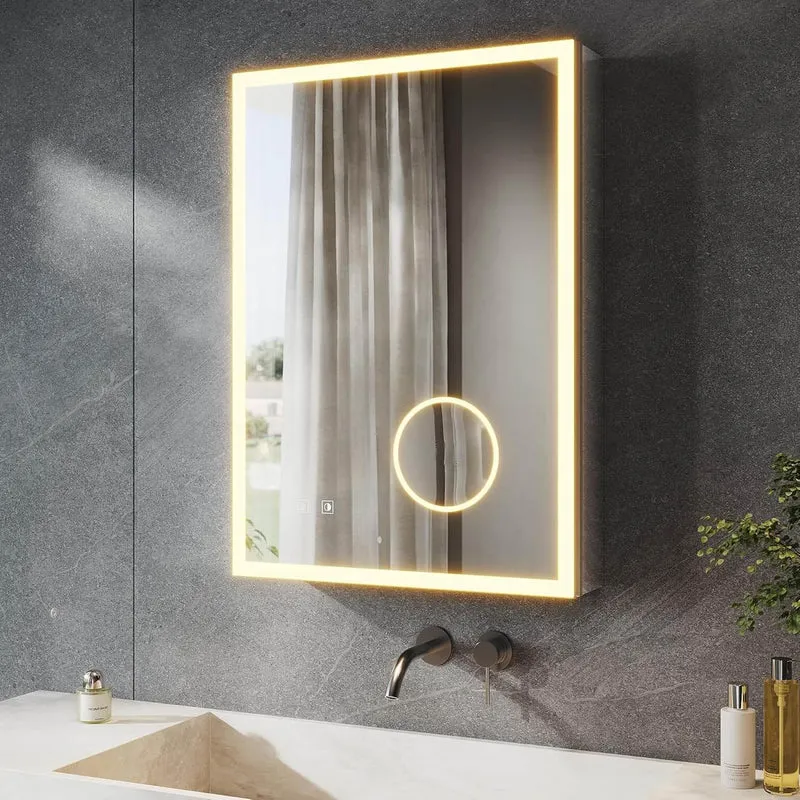 SONNI LED Spiegelschrank Bad mit 3-fache Vergrößerungsspiegel und Steckdose 70 x 50 cm, Aluminum Spiegelschrank mit Touch-Schalter, 3 Lichtfarben + Defogging, IP44 wasserciht