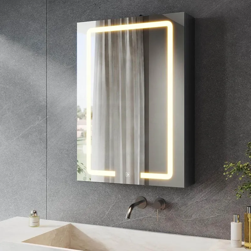 SONNI LED Spiegelschrank mit Kosmetik-Organizer 50x70 cm, Steckdose & 3-fache Vergrößerungsspiegel, 3 Lichtfarben, Dimmbar - Dunkelgrau