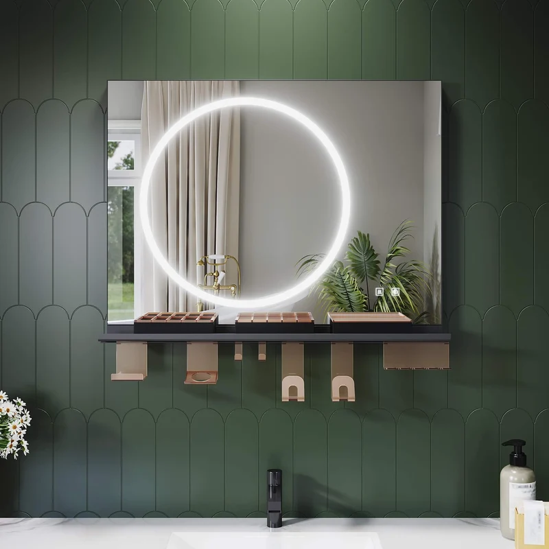 SONNI Badezimmerspiegel mit Beleuchtung 80x60 cm, LED Badspiegel mit Ablage , 3 einstellbare Lichtfarbe + Anti-Beschlag + Touchschalter, Ablage mit Handyhalter + Haken + Zahnbürstenhalter
