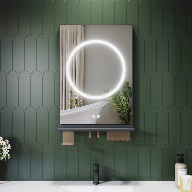 SONNI Badezimmerspiegel mit Beleuchtung 50x70 cm, LED Badspiegel mit Ablage, 3 einstellbare Lichtfarbe + Anti-Beschlag + Touchschalter, Ablage mit Handyhalter + Haken + Zahnbürstenhalter