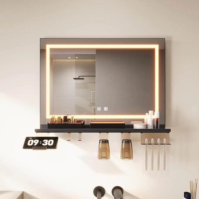 SONNI Badspiegel mit Beleuchtung 70x50cm + Ablage, Touch Badezimmerspiegel 3 Lichtfarben, Anti-Beschlag & Gedächtnisfunktion