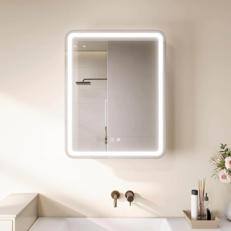 SONNI Spiegelschrank mit Beleuchtung 70x 55 cm, LED Spiegelschrank mit Taschentuch-Durchlass, Steckdose, Anti-Beschlag & 3 Lichtfarben, Dimmbar - Holzschrank Beige, Vollständig Montiert