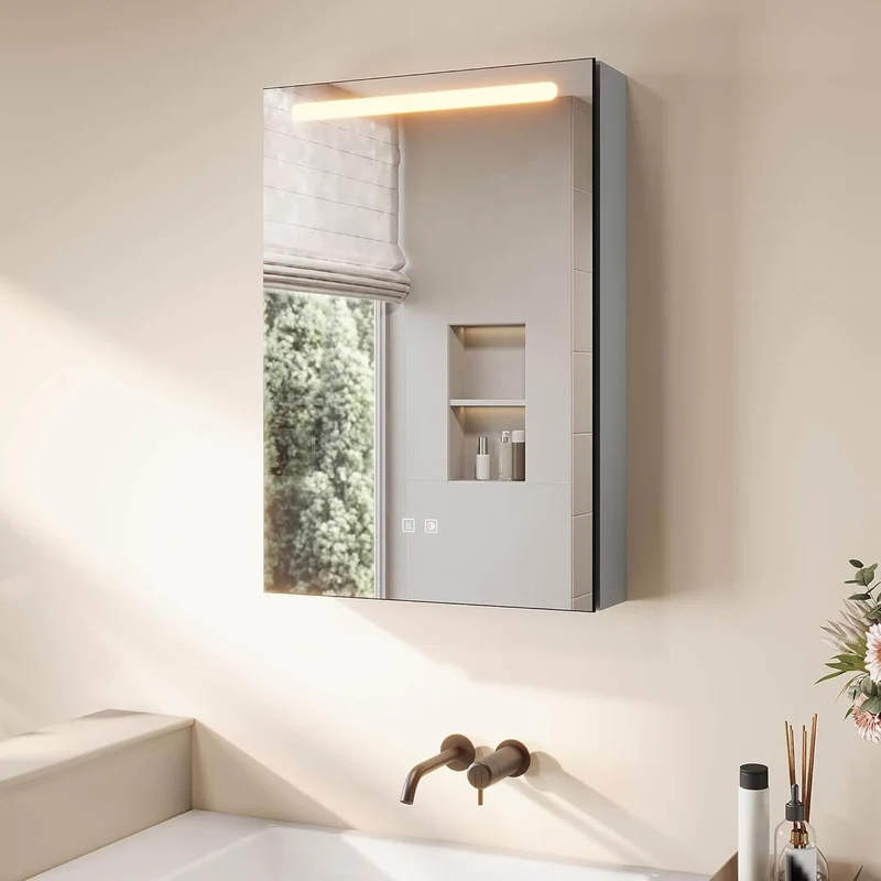 SONNI LED Spiegelschrank mit Make-up Ablage, Anti-Beschlag, Steckdose & Kosmetik-Organizer, 3 Lichtfarben Vollständig Montiert