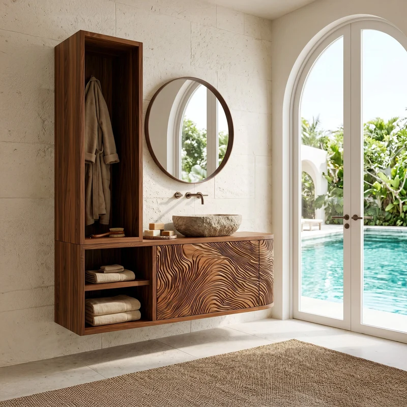 Organic Carved Bathroom Vanity With Linen Tower Side For Bathroom RTTHHNBRV071