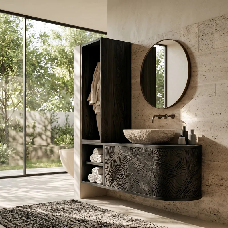 Organic Carved Bathroom Vanity With Linen Tower Side For Bathroom RTTHHNBRV071