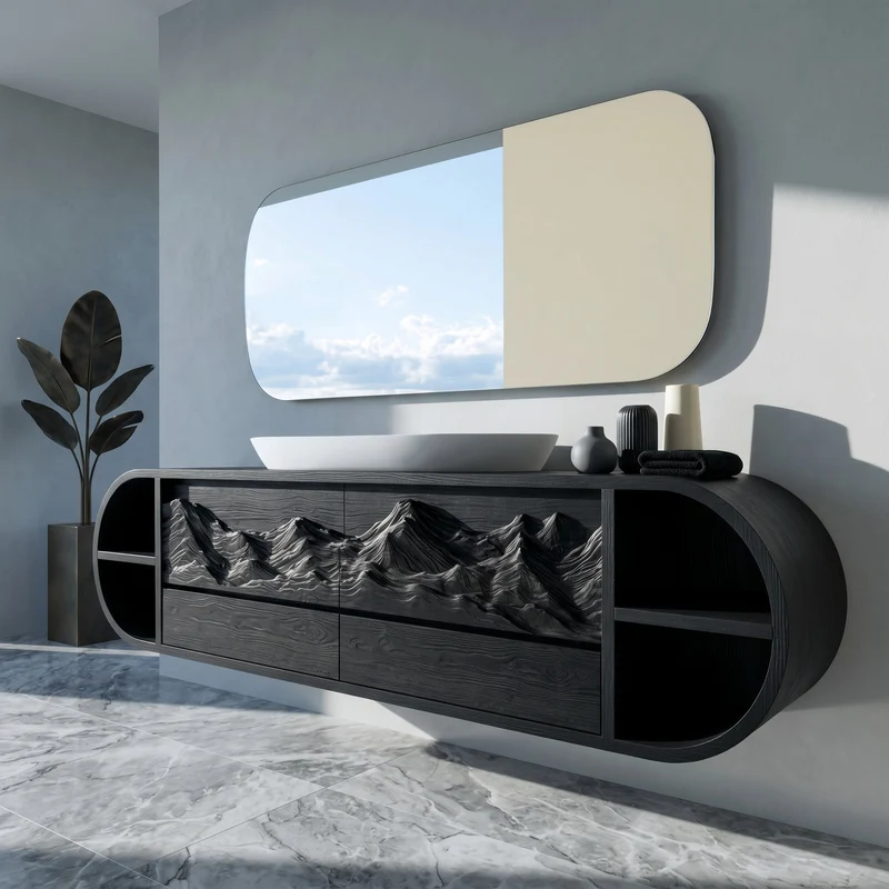 Modern Mountain Carved Floating Bathroom Vanity For Luxury Bathroom RTTHHNBRV046
