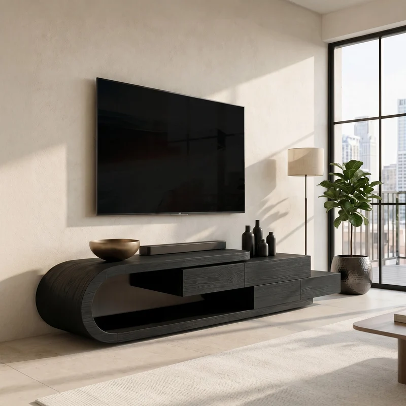 Contemporary Rounded TV Console With 2 Tiers For Living Room RTTHHNTVC132