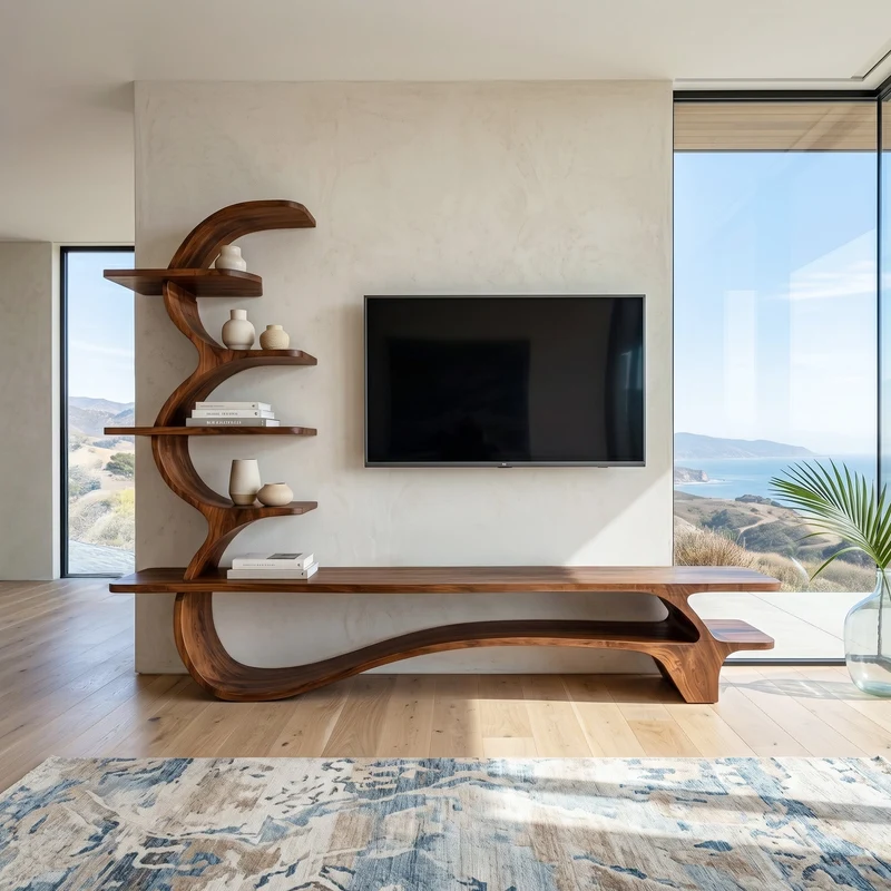 Organic Wood TV Stand With Side Curved Shelf For Living RTTHHNTVC123