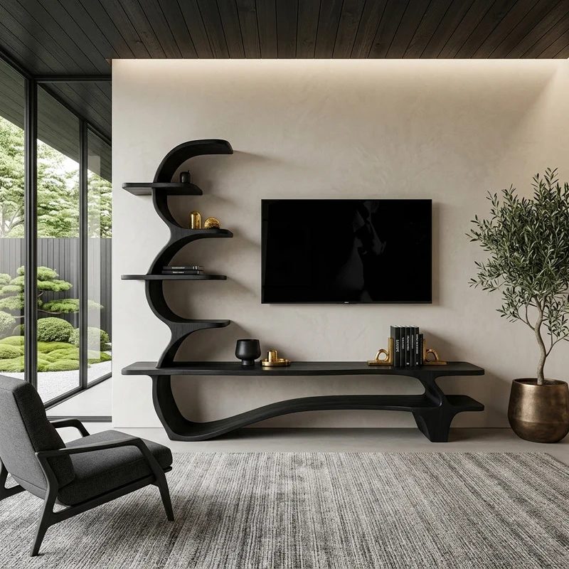 Organic Wood TV Stand With Side Curved Shelf For Living RTTHHNTVC123