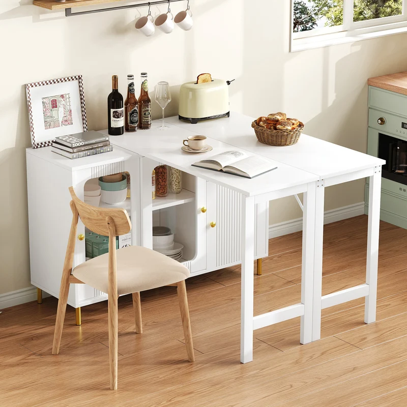 SONNI Buffetschrank Weiß mit ausziehbarer Tischplatte, drehbarer Arbeitsfläche, Glasschiebetüren, Wellenmuster, verstellbarem Stauraum und goldenen Metallbeinen, Sideboard für Küche und Esszimmer, 122x40x82cm