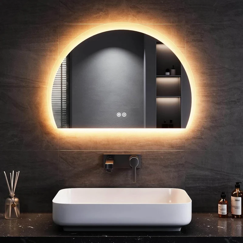 SONNI Badspiegel mit Beleuchtung Halbrund LED Spiegel mit Touch-Schalter und Dimmbar, Beschlagfrei, 3 einstellbare Lichtfarben, Badezimmerspiegel mit Beleuchtung IP44
