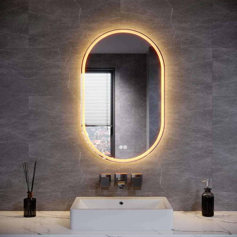 SONNI LED Spiegel Oval Wandspiegel mit DREI Lichtarten, Antibeschlag, Steckdose und Touch-Schalter, Spiegel Bad mit Beleuchtung Dekorative Wandspiegel Horizontal oder vertikal aufgehängt
