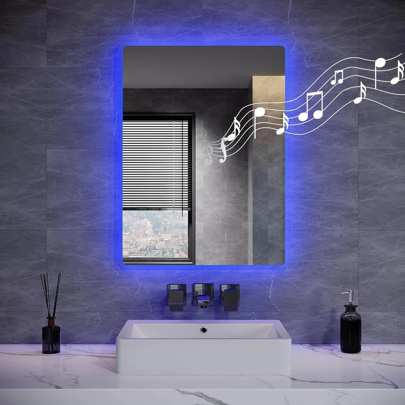 SONNI LED Badspiegel Wandspiegel mit Beleuchtung(Weißes/Blaues/Violettes Licht), Steckdose und Bluetooth, Anti-Beschlag und Touch-Schalter Kosmetikspiegel Schminkspiegel