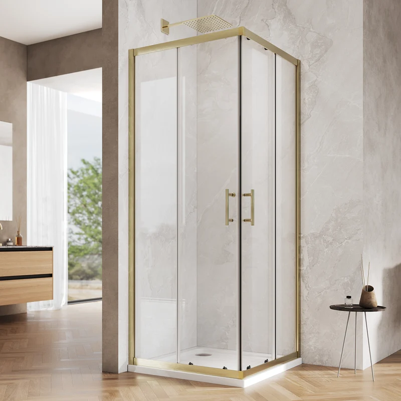 SONNI Duschkabine Eckeinstieg Schiebetür Gold Aluminiumrahmen ESG Glas 70–90 cm Höhe 190 cm