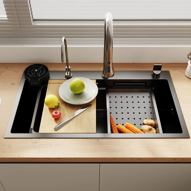 SONNI Spülbecken Einbauspüle Küchenspüle Waschbecken 304 SUS Edelstahl, Schwarz, 75/80×45×26 cm, Unterbauspüle mit 1 Becken, Abtropfkorb, Abfallsieb, Armatur, Schneidebrett, Tassenuntersetzer und Wasserfilterarmatur
