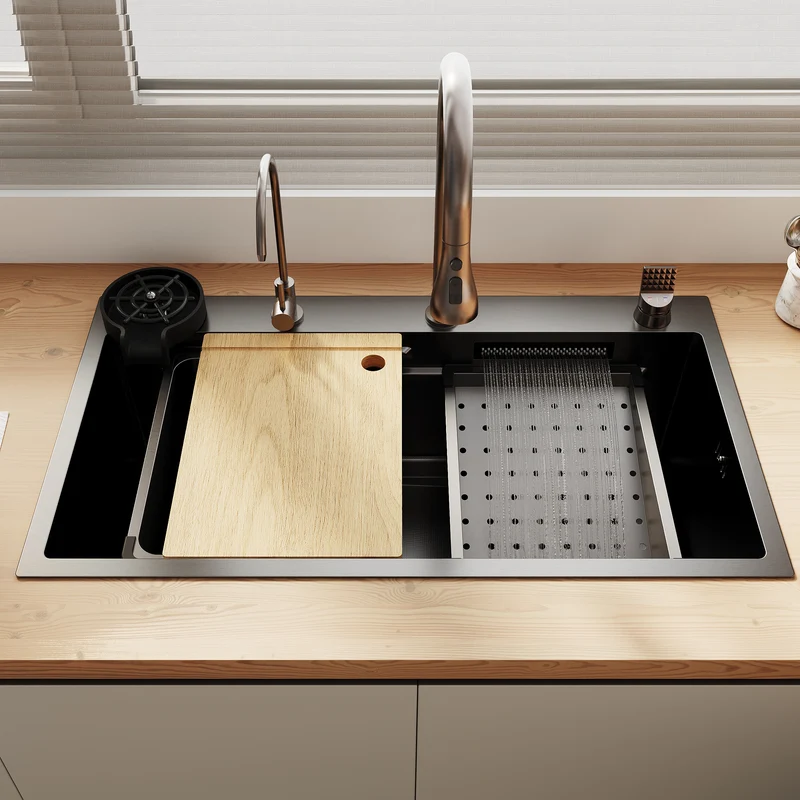 SONNI Spülbecken Einbauspüle Küchenspüle Waschbecken 304 SUS Edelstahl, Schwarz, 75/80×45×26 cm, Unterbauspüle mit 1 Becken, Abtropfkorb, Abfallsieb, Armatur, Schneidebrett, Tassenuntersetzer und Wasserfilterarmatur