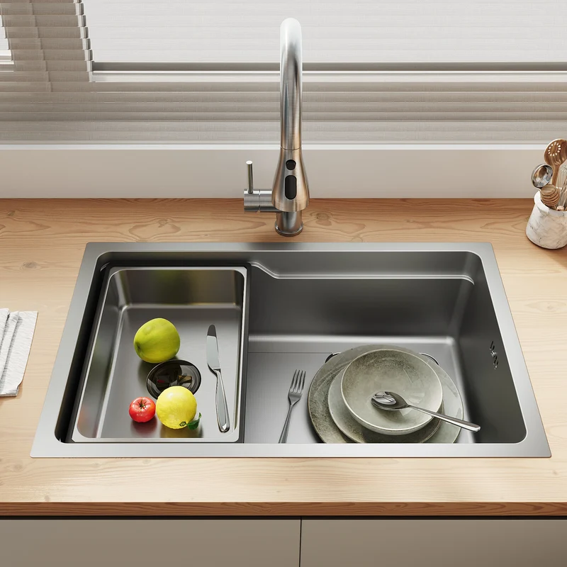 SONNI Waschbecken Küchenspüle 304 SUS Edelstahl, 70×43 cm, Einbauspüle mit 1 Becken,Wasserhahn,Unterbauspüle, mit Abtropfkorb und Dreieckigem Abfallsieb, Schmale Seite