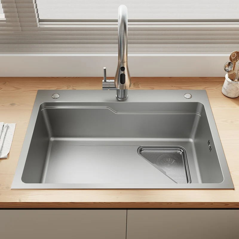 SONNI Waschbecken Küchenspüle 304 SUS Edelstahl, 70×48 cm, Einbauspüle mit 1 Becken,Wasserhahn,Unterbauspüle, mit Abtropfkorb und Dreieckigem Abfallsieb, 3-Loch Breitkante