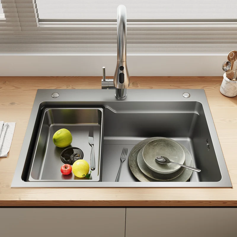 SONNI Waschbecken Küchenspüle 304 SUS Edelstahl, 70×48 cm, Einbauspüle mit 1 Becken,Wasserhahn,Unterbauspüle, mit Abtropfkorb und Dreieckigem Abfallsieb, 3-Loch Breitkante
