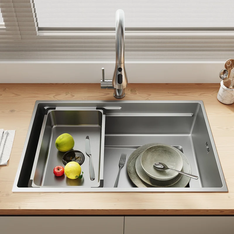 SONNI Küchenspüle Waschbecken Edelstahl 304, Nanosilber/Diamantschwarz, 70x44 cm, Einbauspüle mit 1 Becken,Wasserhahn,Unterbauspüle mit Abtropfkorb und Rechteckigem Abfallsieb