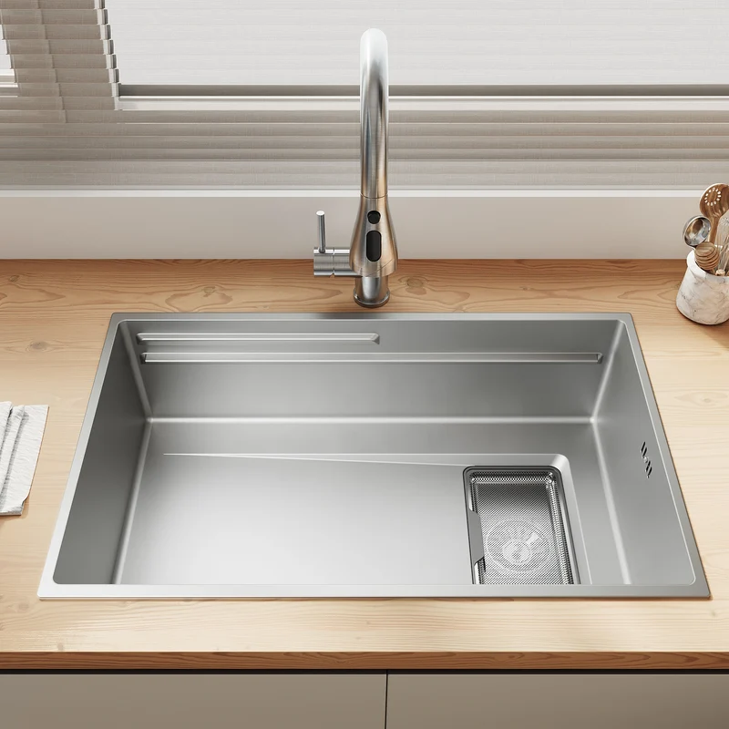 SONNI Küchenspüle Waschbecken Edelstahl 304, Nanosilber/Diamantschwarz, 70x44 cm, Einbauspüle mit 1 Becken,Wasserhahn,Unterbauspüle mit Abtropfkorb und Rechteckigem Abfallsieb