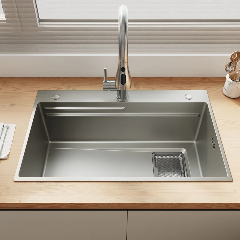 SONNI Spülbecken Küchenspüle 304 Edelstahl Waschbecken 70×45 cm, Einbauspüle mit 1 Becken,Wasserhahn,Unterbauspüle, Nanosilber/Diamantschwarz, inkl. Abtropfkorb & Abflusssieb, 3-Loch Breitkante