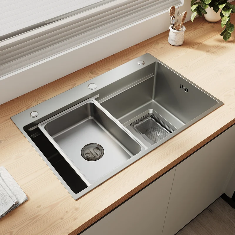 SONNI Spülbecken Küchenspüle 304 Edelstahl Waschbecken 70×45 cm, Einbauspüle mit 1 Becken,Wasserhahn,Unterbauspüle, Nanosilber/Diamantschwarz, inkl. Abtropfkorb & Abflusssieb, 3-Loch Breitkante